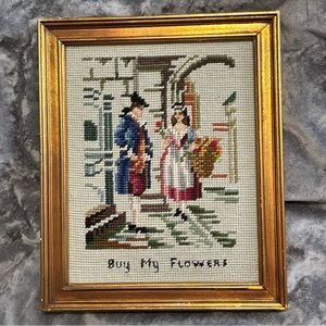 Vintage Framed Needlepoint Art with Gold Colored Wood Frame "Buy My Flowers”